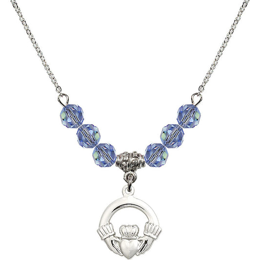 Sterling Silver Claddagh Birthstone Necklace with Light Sapphire Beads - 4138