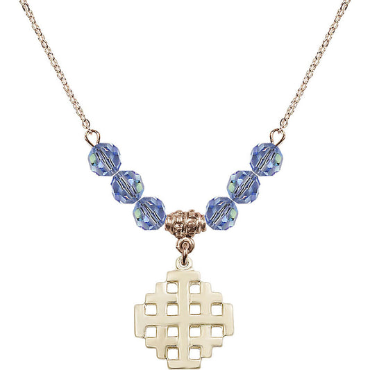 14kt Gold Filled Jerusalem Cross Birthstone Necklace with Light Sapphire Beads - 4139
