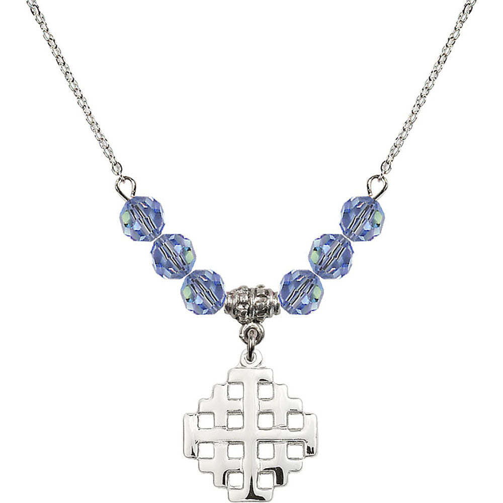 Sterling Silver Jerusalem Cross Birthstone Necklace with Light Sapphire Beads - 4139