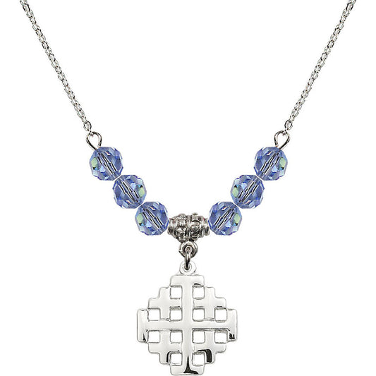Sterling Silver Jerusalem Cross Birthstone Necklace with Light Sapphire Beads - 4139