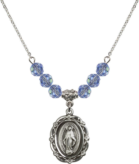 Sterling Silver Miraculous Birthstone Necklace with Light Sapphire Beads - 4146