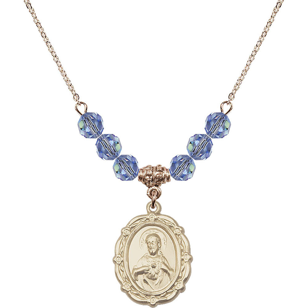 14kt Gold Filled Scapular Birthstone Necklace with Light Sapphire Beads - 4146