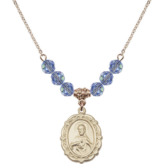 14kt Gold Filled Scapular Birthstone Necklace with Light Sapphire Beads - 4146