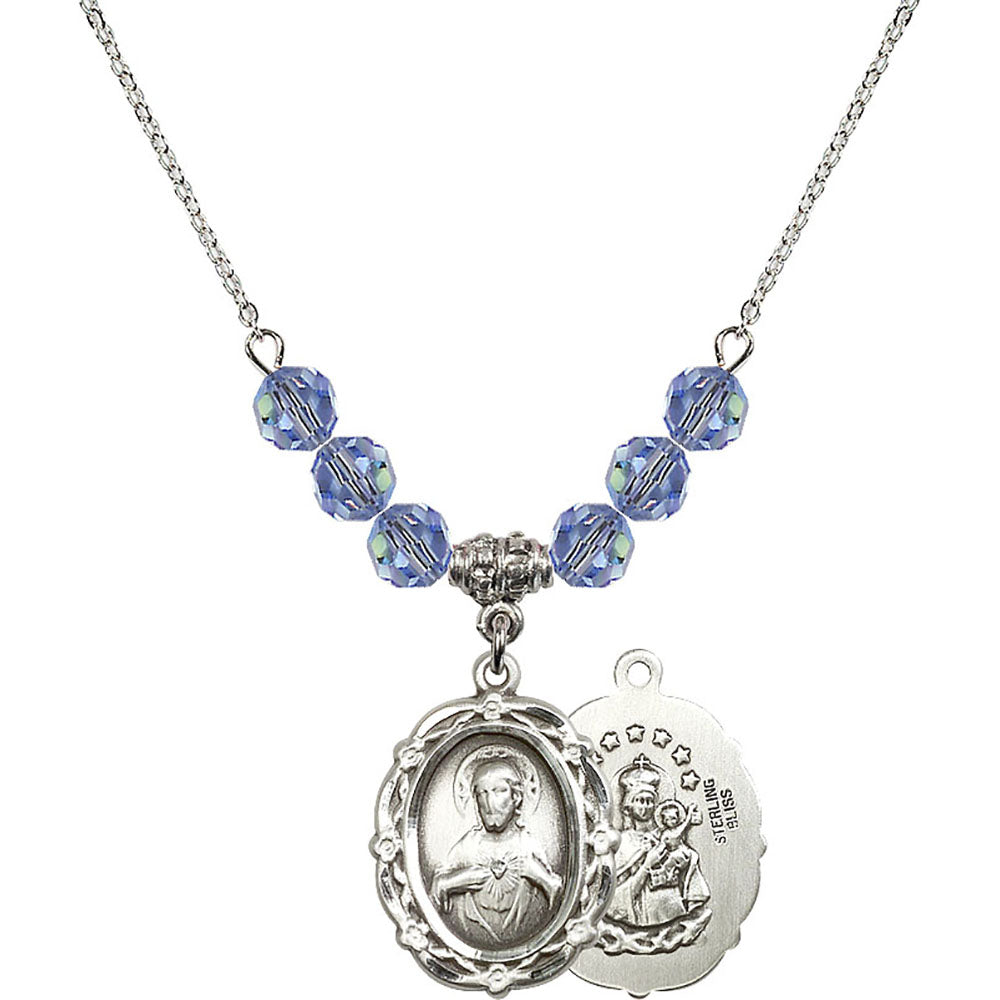 Sterling Silver Scapular Birthstone Necklace with Light Sapphire Beads - 4146