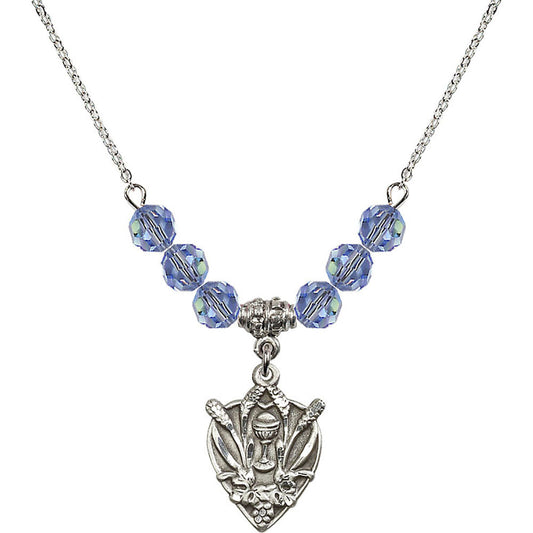 Sterling Silver Communion Birthstone Necklace with Light Sapphire Beads - 4200