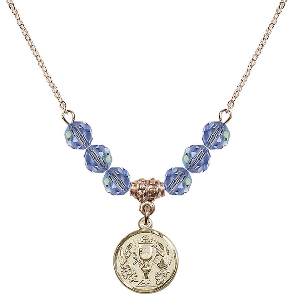 14kt Gold Filled Communion Chalice Birthstone Necklace with Light Sapphire Beads - 4203