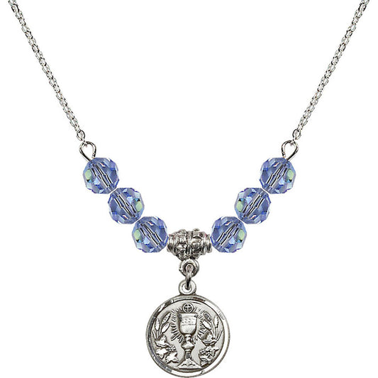 Sterling Silver Communion Chalice Birthstone Necklace with Light Sapphire Beads - 4203