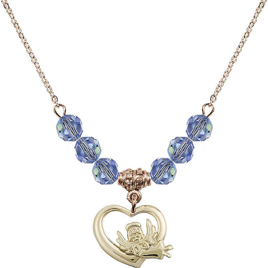 14kt Gold Filled Heart / Guardian Angel Birthstone Necklace with Light Sapphire Beads - 4206