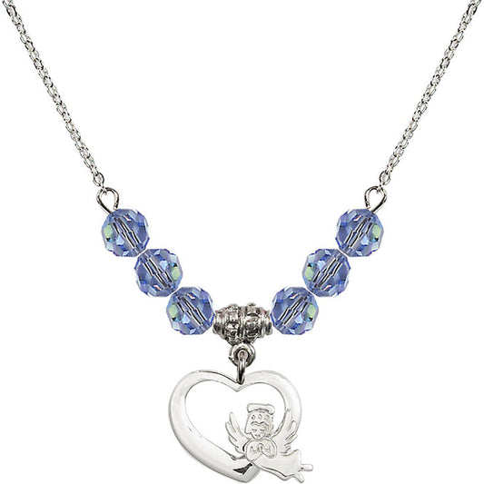 Sterling Silver Heart / Guardian Angel Birthstone Necklace with Light Sapphire Beads - 4206
