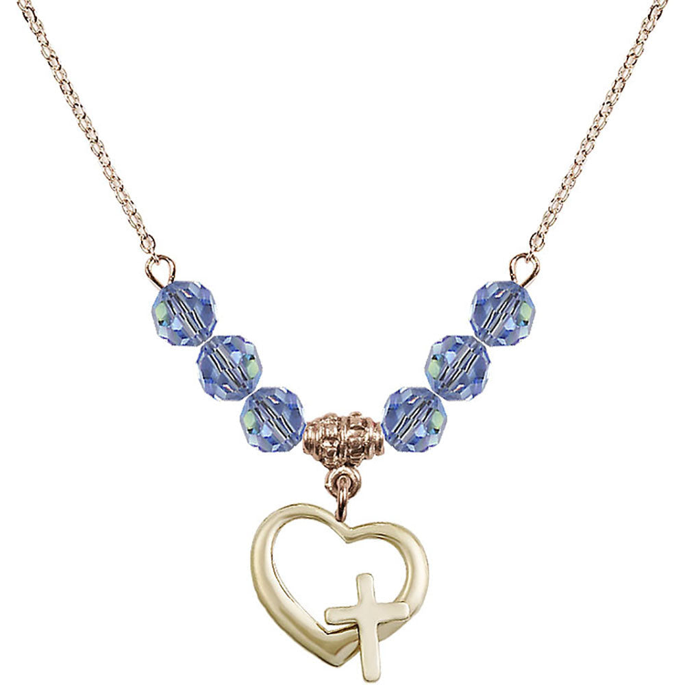 14kt Gold Filled Heart / Cross Birthstone Necklace with Light Sapphire Beads - 4207