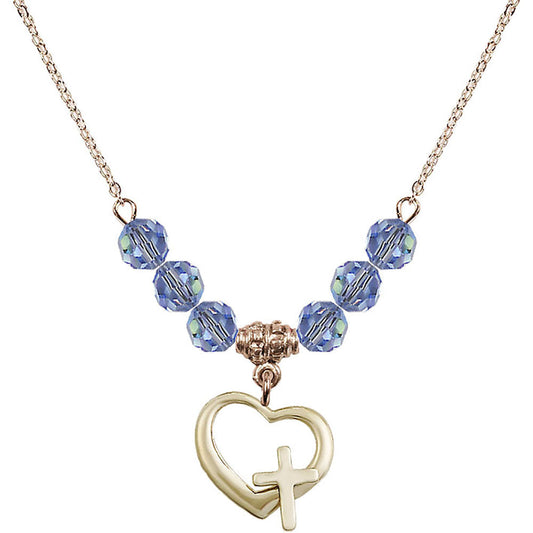 14kt Gold Filled Heart / Cross Birthstone Necklace with Light Sapphire Beads - 4207