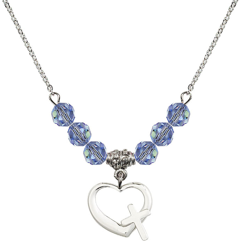 Sterling Silver Heart / Cross Birthstone Necklace with Light Sapphire Beads - 4207