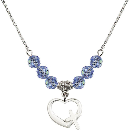 Sterling Silver Heart / Cross Birthstone Necklace with Light Sapphire Beads - 4207