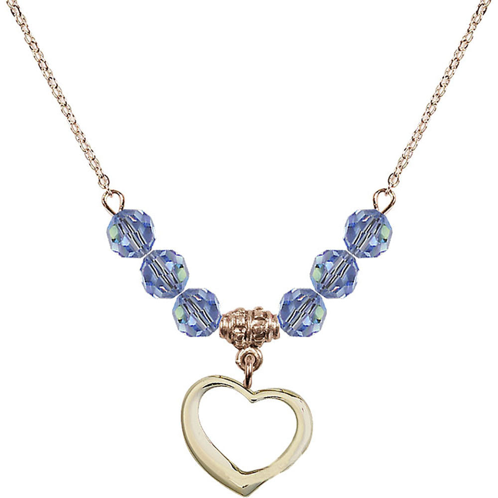 14kt Gold Filled Heart Birthstone Necklace with Light Sapphire Beads - 4208