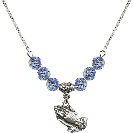 Sterling Silver Praying Hands Birthstone Necklace with Light Sapphire Beads - 4219