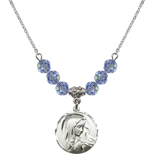 Sterling Silver Sorrowful Mother Birthstone Necklace with Light Sapphire Beads - 4249