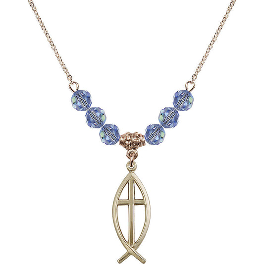 14kt Gold Filled Fish / Cross Birthstone Necklace with Light Sapphire Beads - 4252