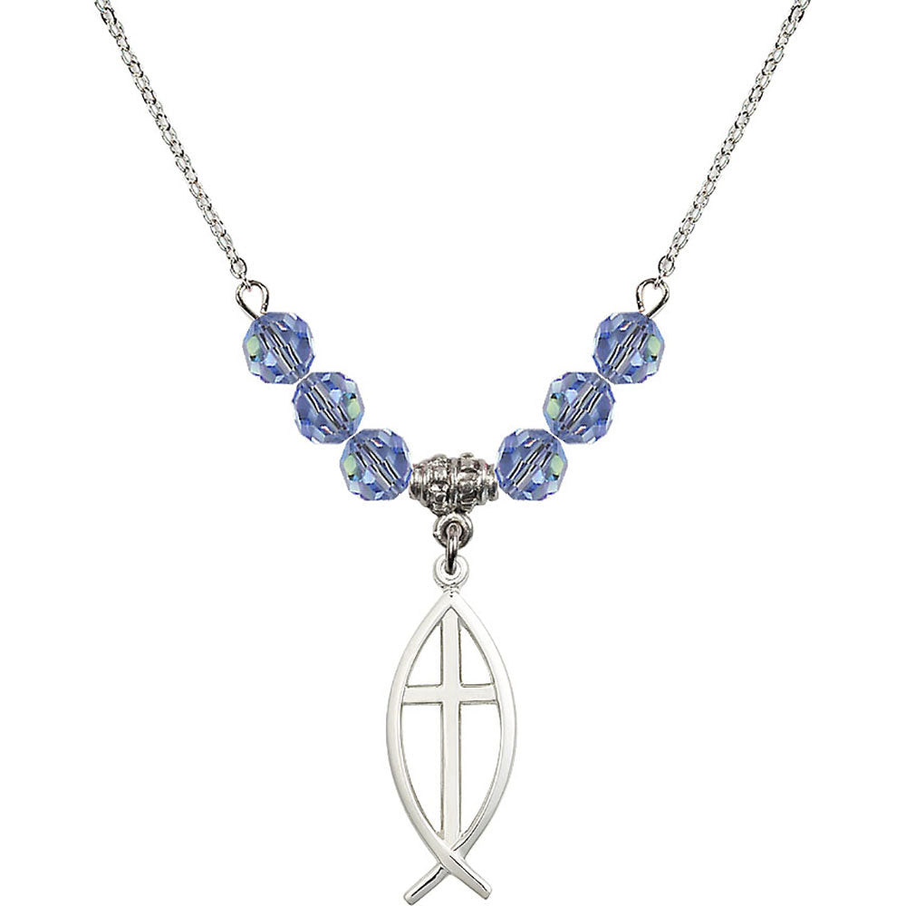 Sterling Silver Fish / Cross Birthstone Necklace with Light Sapphire Beads - 4252