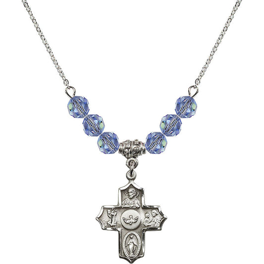 Sterling Silver 5-Way Birthstone Necklace with Light Sapphire Beads - 4255