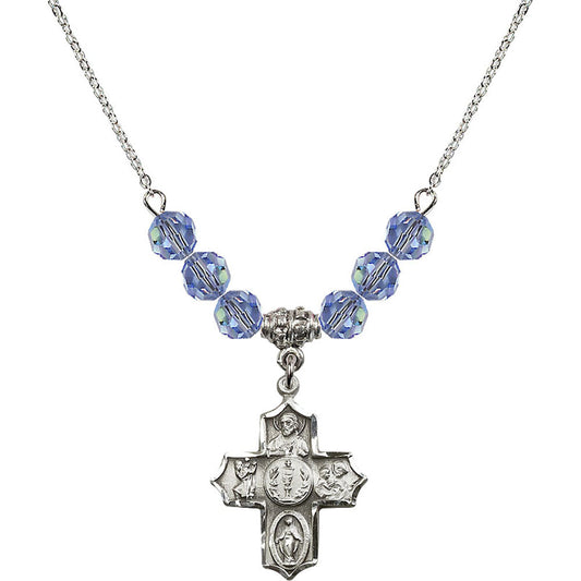 Sterling Silver 4-Way Birthstone Necklace with Light Sapphire Beads - 4256