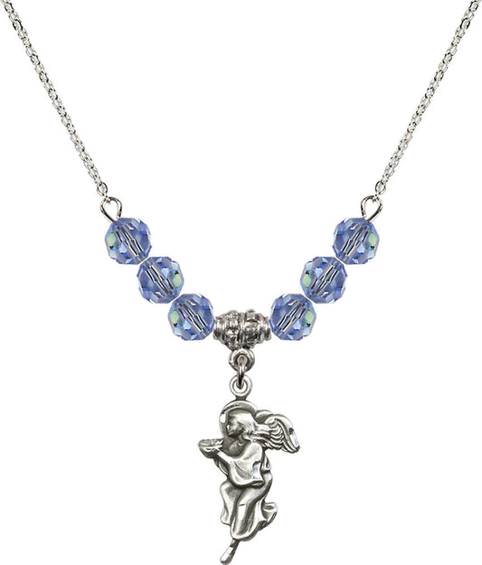 Sterling Silver Guardian Angel Birthstone Necklace with Light Sapphire Beads - 4260