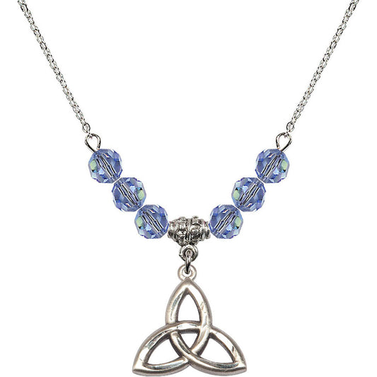 Sterling Silver Trinity Irish Knot Birthstone Necklace with Light Sapphire Beads - 5101