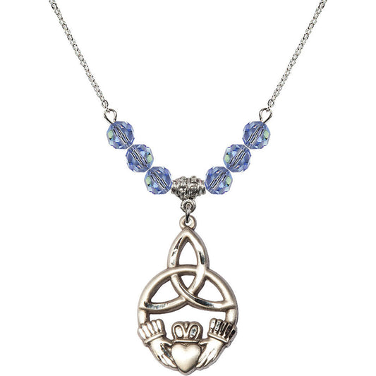 Sterling Silver Irish Knot / Claddagh Birthstone Necklace with Light Sapphire Beads - 5102