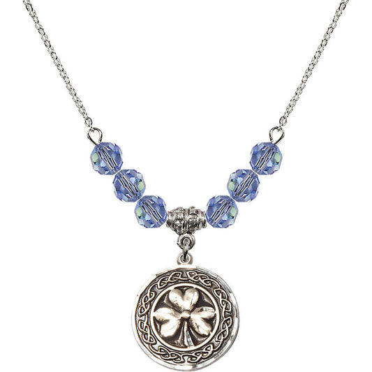 Sterling Silver Shamrock w/ Celtic Border Birthstone Necklace with Light Sapphire Beads - 5106