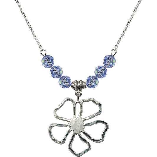 Sterling Silver Five Pedal Flower Birthstone Necklace with Light Sapphire Beads - 5109