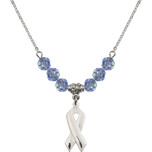 Sterling Silver Cancer Awareness Birthstone Necklace with Light Sapphire Beads - 5150