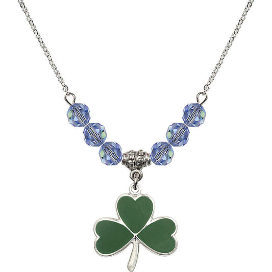 Sterling Silver Shamrock Birthstone Necklace with Light Sapphire Beads - 5248