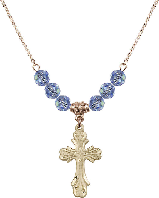 14kt Gold Filled Cross Birthstone Necklace with Light Sapphire Beads - 5419