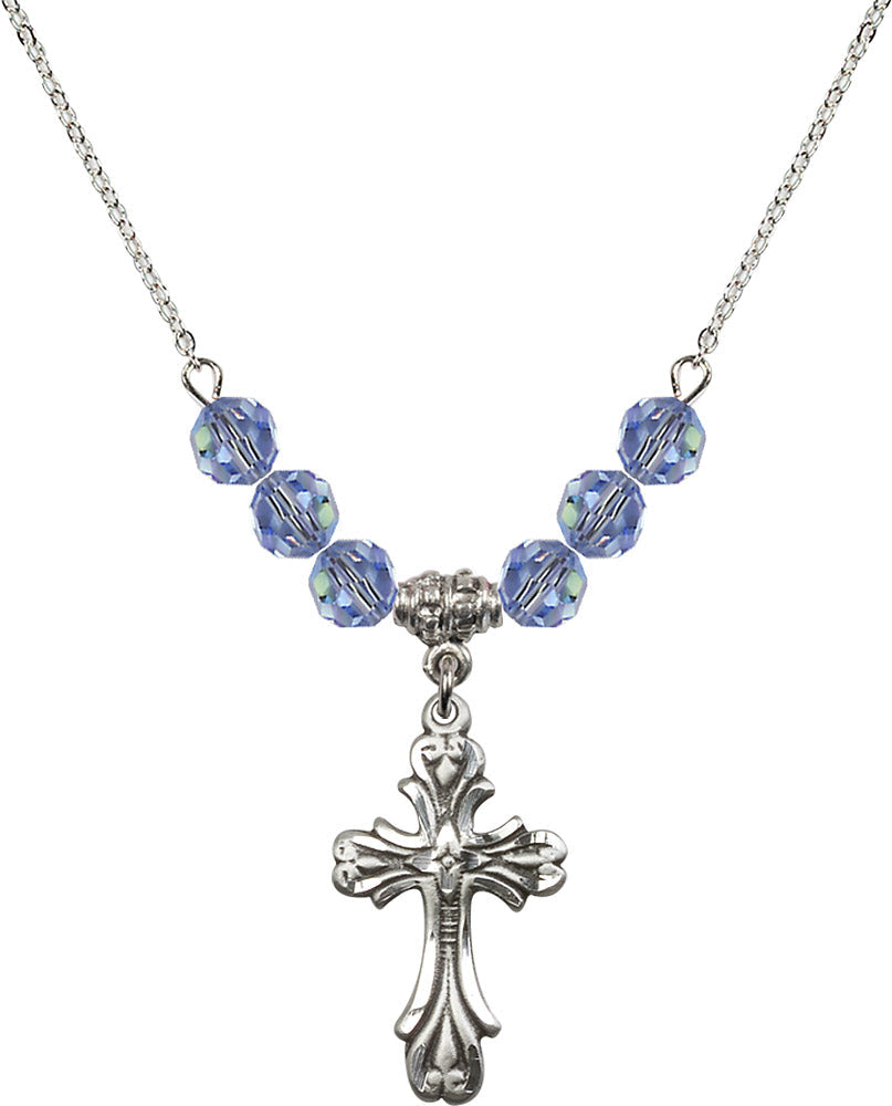 Sterling Silver Cross Birthstone Necklace with Light Sapphire Beads - 5419