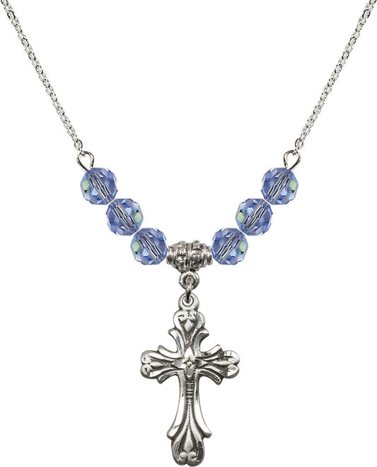 Sterling Silver Cross Birthstone Necklace with Light Sapphire Beads - 5419