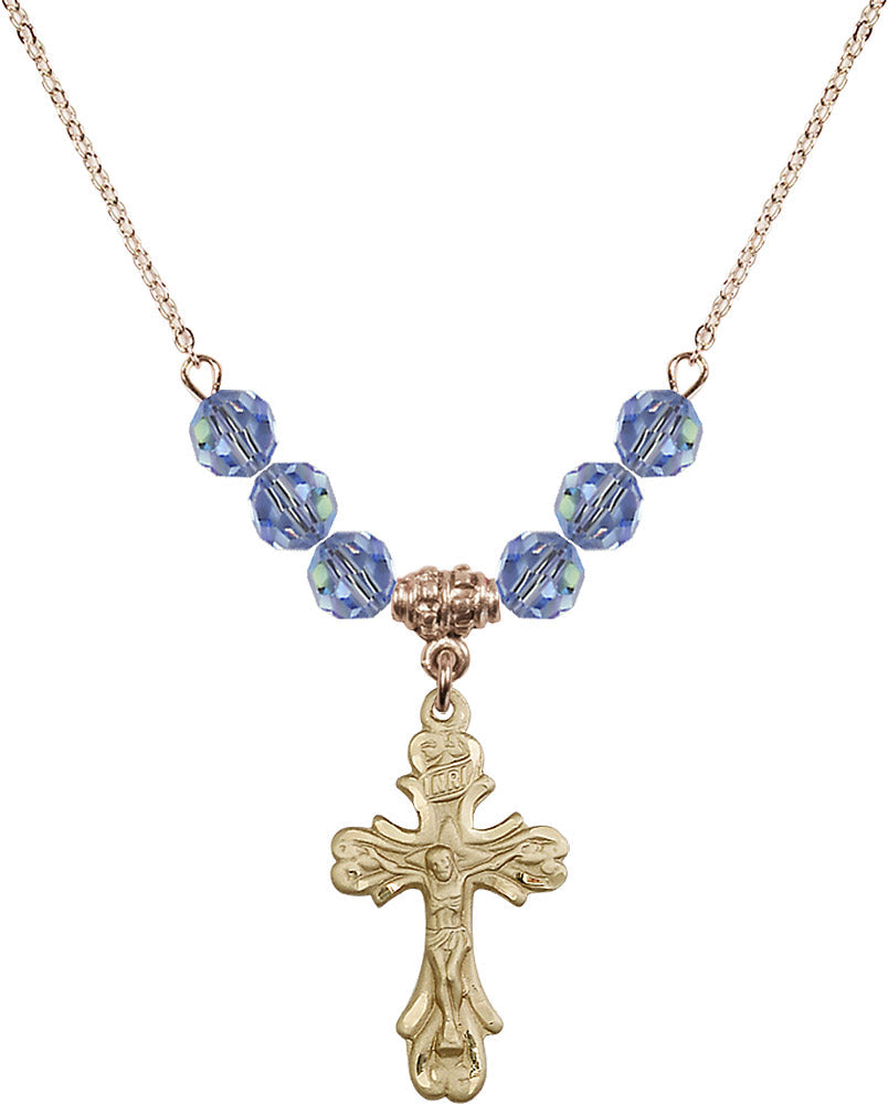 14kt Gold Filled Crucifix Birthstone Necklace with Light Sapphire Beads - 5421
