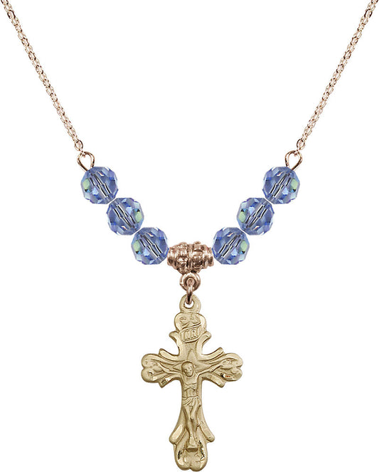 14kt Gold Filled Crucifix Birthstone Necklace with Light Sapphire Beads - 5421