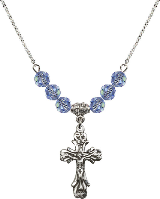 Sterling Silver Crucifix Birthstone Necklace with Light Sapphire Beads - 5421