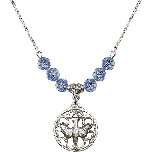 Sterling Silver Holy Spirit Birthstone Necklace with Light Sapphire Beads - 5655
