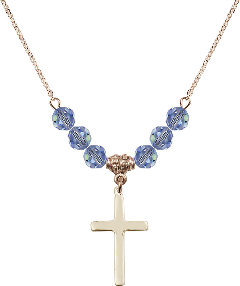 14kt Gold Filled Cross Birthstone Necklace with Light Sapphire Beads - 5670