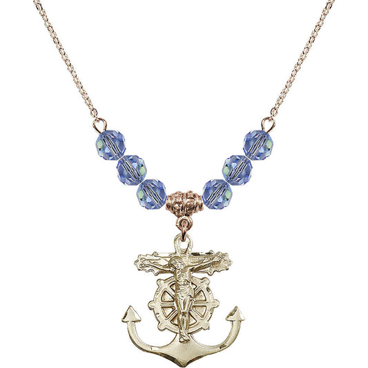 14kt Gold Filled Anchor Crucifix Birthstone Necklace with Light Sapphire Beads - 5685