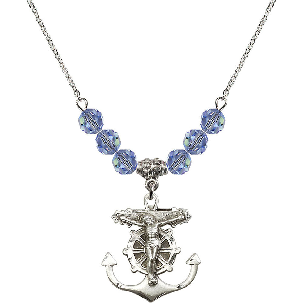 Sterling Silver Anchor Crucifix Birthstone Necklace with Light Sapphire Beads - 5685