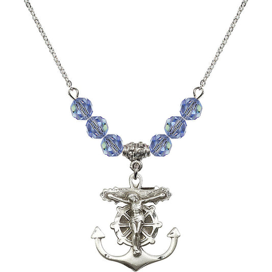 Sterling Silver Anchor Crucifix Birthstone Necklace with Light Sapphire Beads - 5685