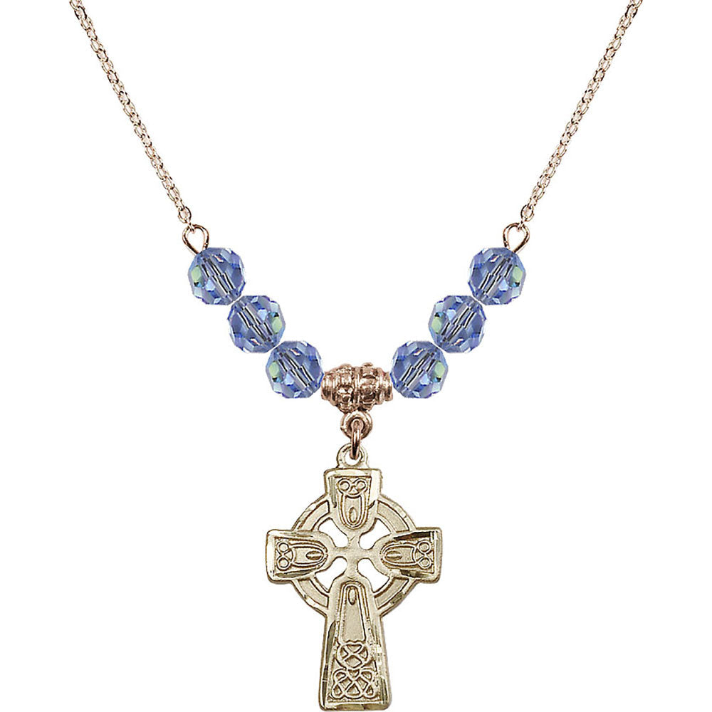 14kt Gold Filled Celtic Cross Birthstone Necklace with Light Sapphire Beads - 5689