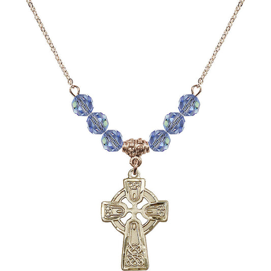 14kt Gold Filled Celtic Cross Birthstone Necklace with Light Sapphire Beads - 5689