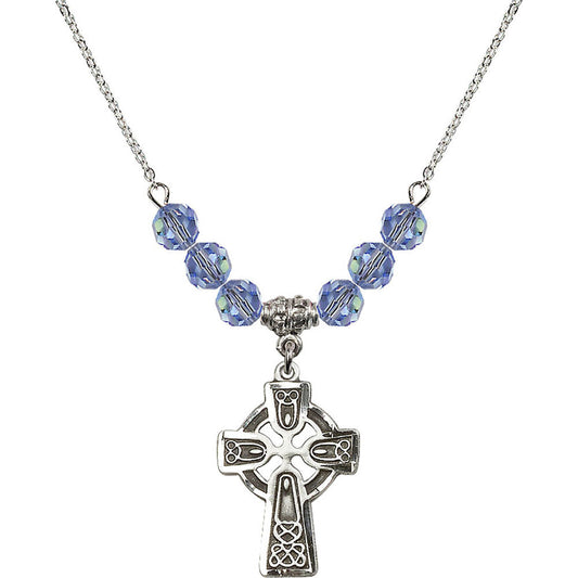 Sterling Silver Celtic Cross Birthstone Necklace with Light Sapphire Beads - 5689