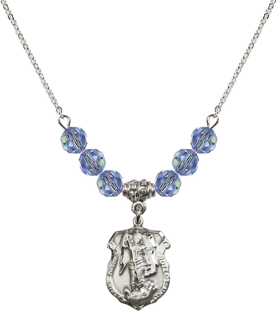 Sterling Silver Saint Michael the Archangel Birthstone Necklace with Light Sapphire Beads - 5692