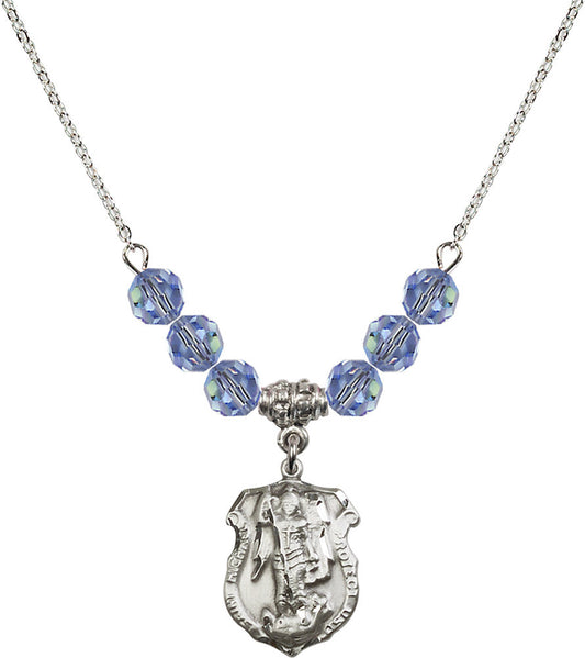 Sterling Silver Saint Michael the Archangel Birthstone Necklace with Light Sapphire Beads - 5692
