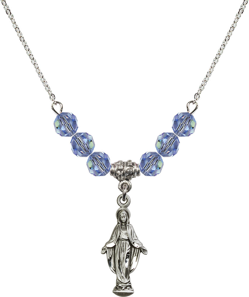 Sterling Silver Miraculous Birthstone Necklace with Light Sapphire Beads - 5900