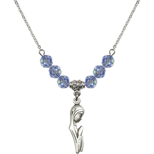 Sterling Silver Madonna Birthstone Necklace with Light Sapphire Beads - 5907