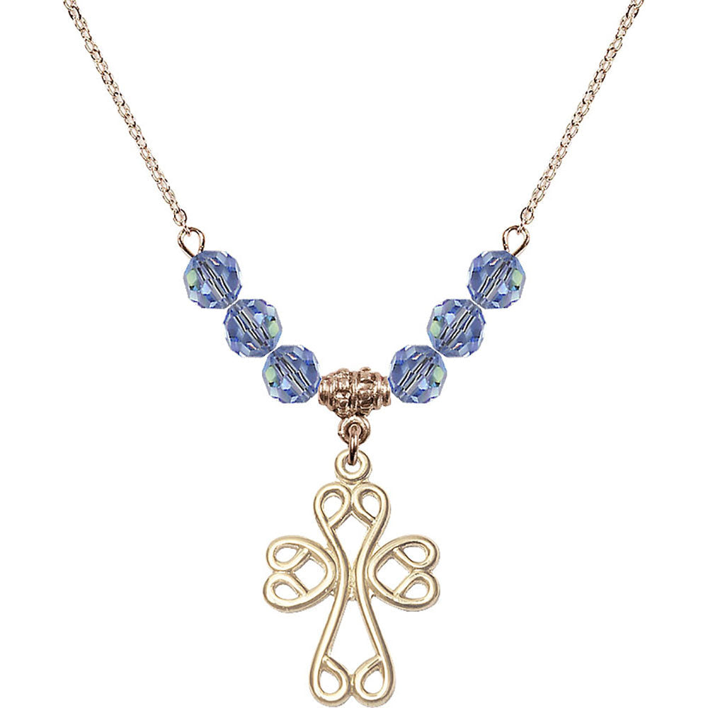 14kt Gold Filled Scroll Cross Birthstone Necklace with Light Sapphire Beads - 5998